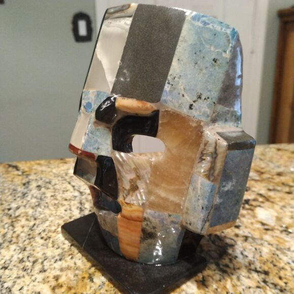Mayan Death Mask Mother Pearl Onyx Abalone Burial Mosaic Sculpture Folk Art - Picture 2 of 11